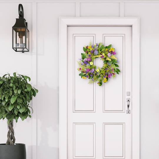 24" Purple & Yellow Spring Echinops & Chrysanthemum Floral Wreath